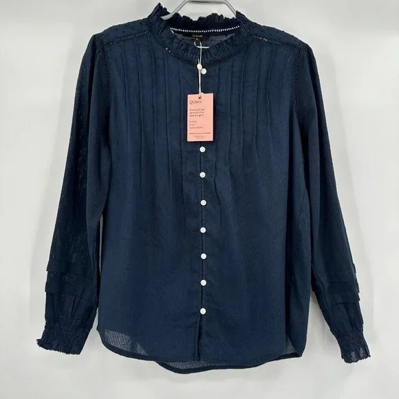 Quince Women's Textured Cotton Peasant Blouse sz S Small Navy Blue NWT Boho Top - Picture 1 of 8